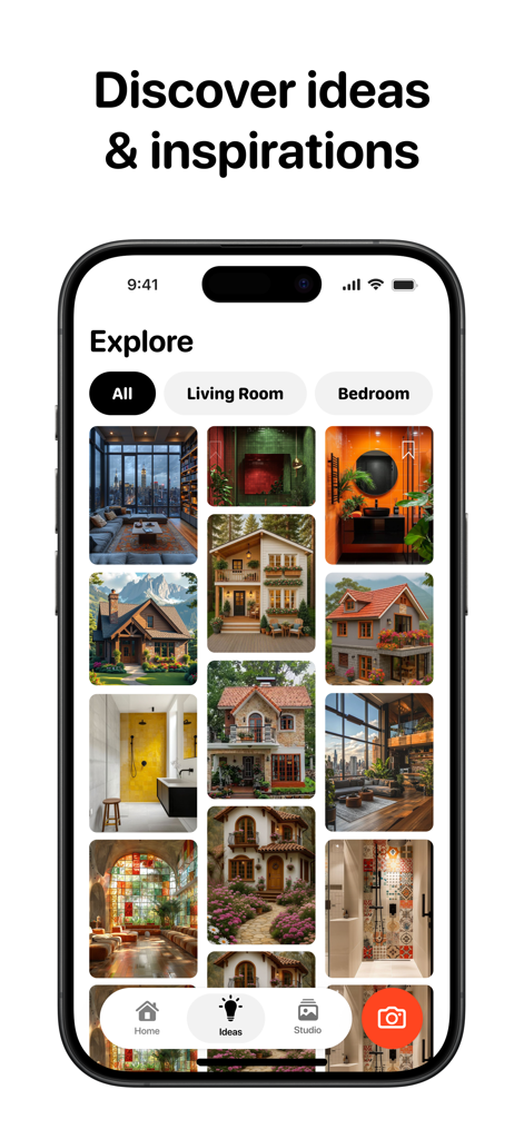 Explore screen of the Casa AI app displaying a grid of interior and exterior design inspirations like living rooms and bedrooms