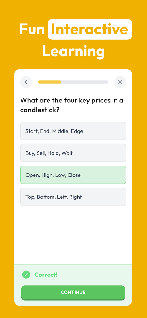 MunYun - Learn to Trade - An interactive quiz screen in the MunYun trading education app showing a multiple choice question about candlestick prices with a correct answer highlighted