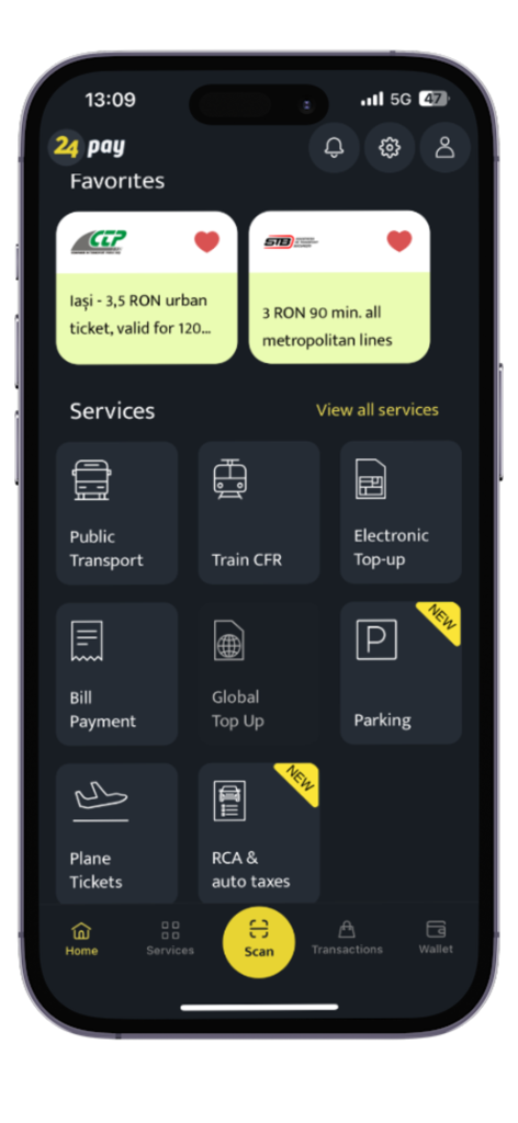 The 24pay mobile app dashboard showing favorites for transport and icons for services like bill payment and parking