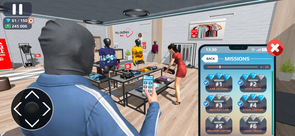 Police vs Gangster Crime City - A character in a clothing store looking at an in-game smartphone displaying mission objectives like car jacking and stealing a copter