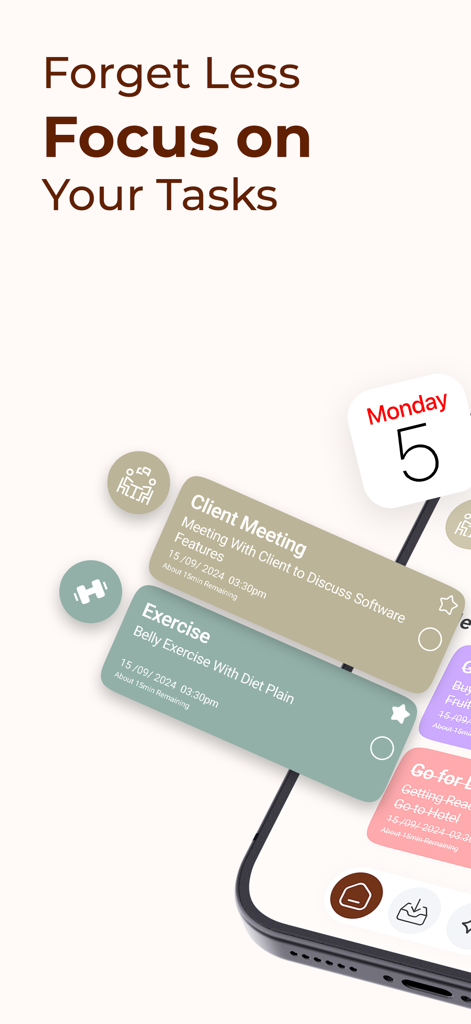 Tick: Daily Routine Planner - Tick app screen displaying task cards for client meetings and exercise under the heading Focus on Your Tasks