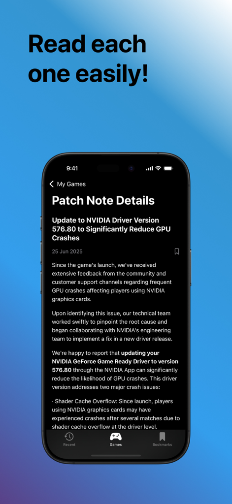 PatchUp app displaying detailed gaming patch notes for an NVIDIA update in a clean dark mode interface
