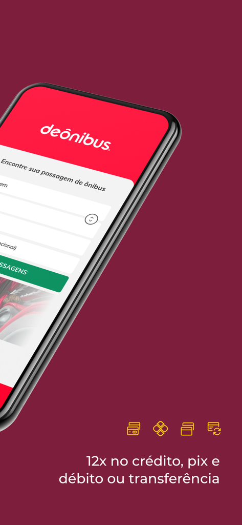 DeÔnibus - Passagens de Ônibus - DeOnibus app display showing flexible payment methods including credit card installments and PIX for bus tickets in Brazil