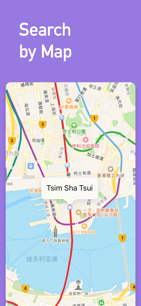 Search by Map feature in the MetroMan Hong Kong app highlighting the Tsim Sha Tsui area