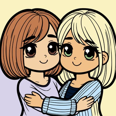 two girls hugging one with short hair one with long