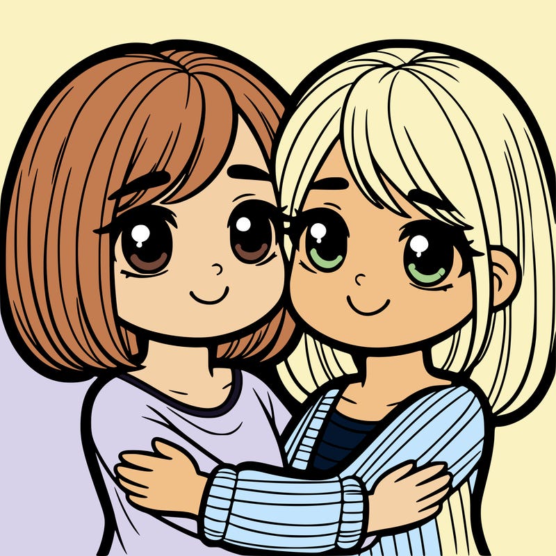 two girls hugging one with short hair one with long