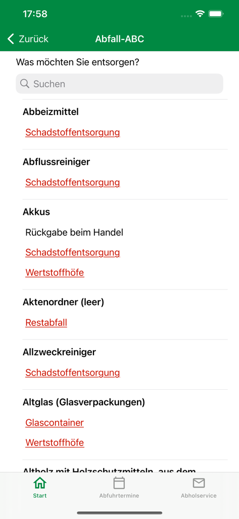 Bildschirm der Abfallleitfaden der Stadtbildpflege Kaiserslautern App