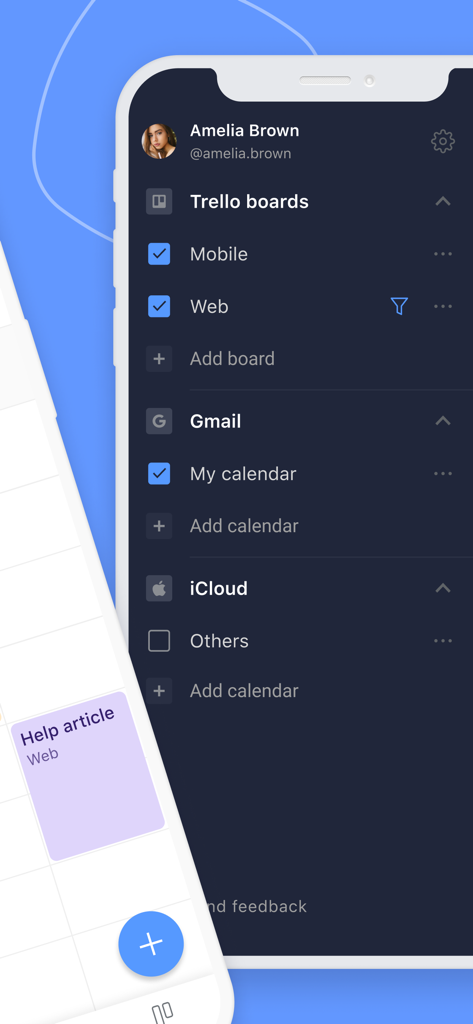 Planyway: Calendar‬ for Trello - Planyway mobile app interface showing integrated Trello boards, Gmail, and iCloud calendars