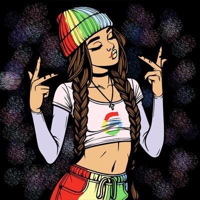realistic teenage girl with braids and a beanie and crop top doing 🫶🏼