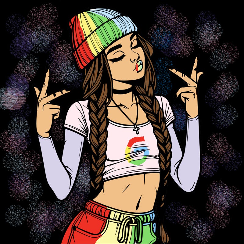 realistic teenage girl with braids and a beanie and crop top doing 🫶🏼