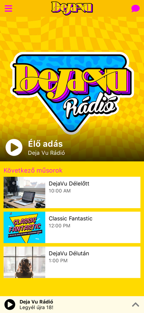Deja Vu Fesztivál - The Deja Vu Radio screen inside the festival app showing live streaming and upcoming show schedules.