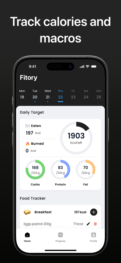 AI Calorie Tracker - Fitory - Panel de la aplicación Fitory mostrando objetivos de calorías diarios y rastreo de macros para carbohidratos, proteínas y grasas