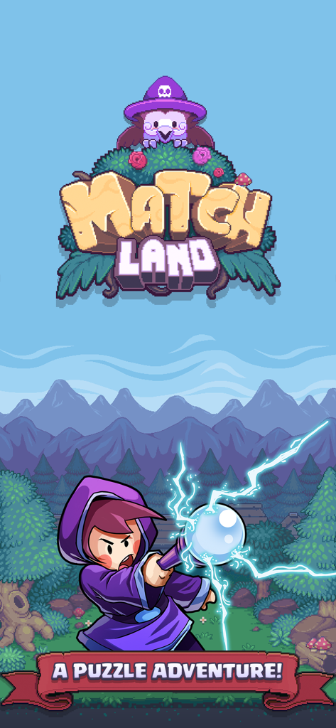 Match Land: Puzzle RPG - Match Land Puzzle RPG title screen with pixel art wizard