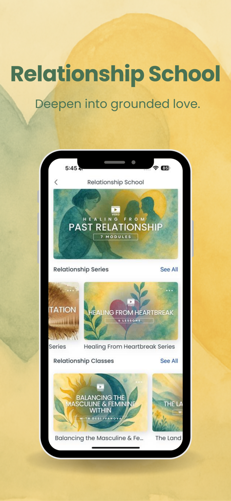 Meditation School Inc. - Meditation School app Relationship School interface showing courses for healing past relationships and deepening grounded love.