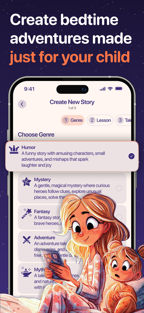 Dreamoria: AI Bedtime Stories - Dreamoria app screen showing genre selection options like Humor, Mystery, and Fantasy for creating a personalized bedtime story.