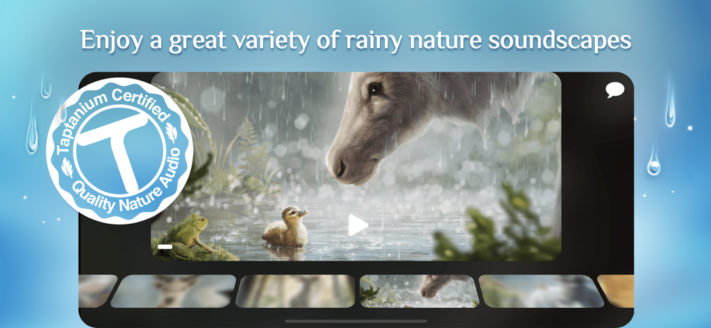 Rainy Sleep Rain Sounds HQ 3D - Rainy app interface displaying a variety of rainy nature soundscapes with high quality 3D audio.