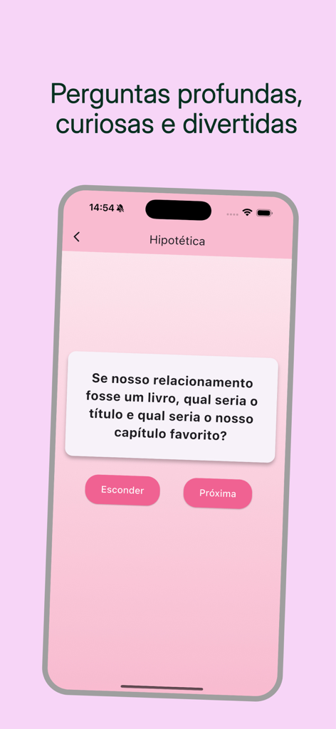 Papo de Amor : Quiz de Casal - Mobile app screen with a deep conversation starter for couples in the Papo de Amor quiz app