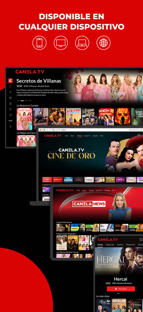 Canela TV App-Oberfläche auf einem Smart-TV, Laptop und Smartphone mit verschiedenen spanischsprachigen Filmen und Serien.