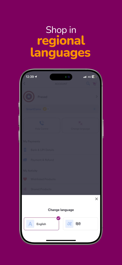 Meesho mobile app screen showing language selection options for English and Hindi