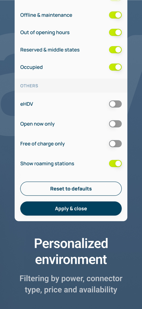 Opções personalizadas de filtragem de estações na aplicação GreenWay EV Charging