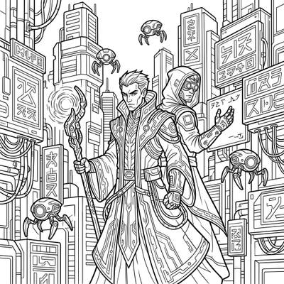 Step into a world where ancient magic meets futuristic technology with this captivating Dark Wizards Cyberpunk coloring page. Unleash your inner artist to bring these powerful sorcerers and their high-tech cityscape to life.