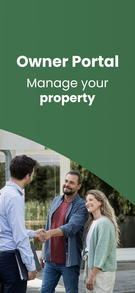 Awaze - Awaze Owner Portal welcome screen with the text Manage your property and a photo of property owners shaking hands with a manager