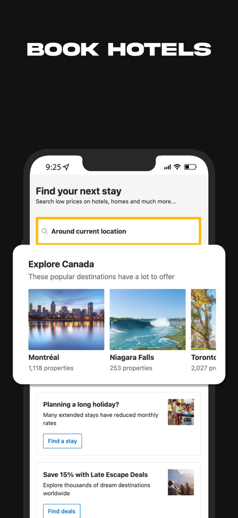 FlightHub app interface for searching and booking hotels with popular Canadian destination deals.