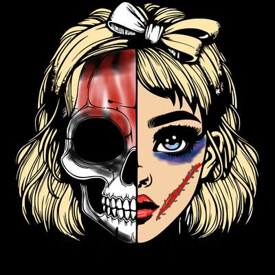 realistic girl with half skull mask