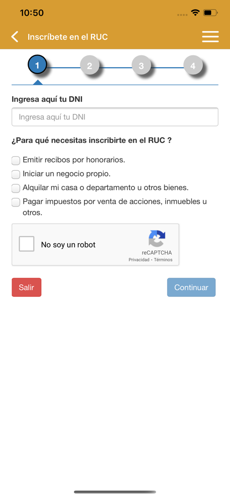 APP Personas - First step of RUC registration in the APP Personas SUNAT application