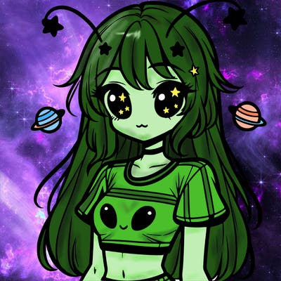 a anime alien girl wearing a crop top with star accessories