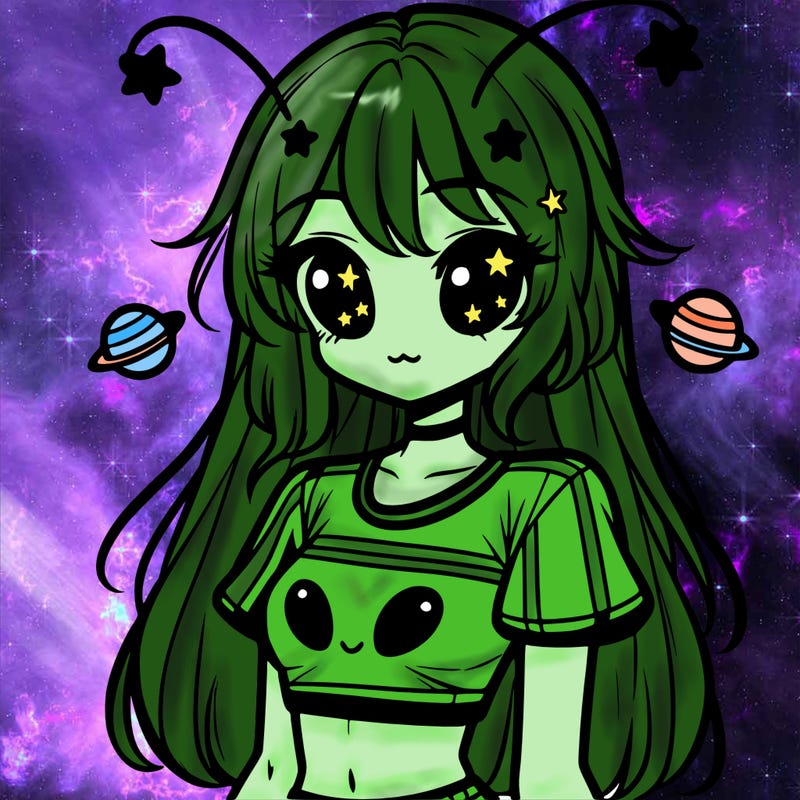 a anime alien girl wearing a crop top with star accessories