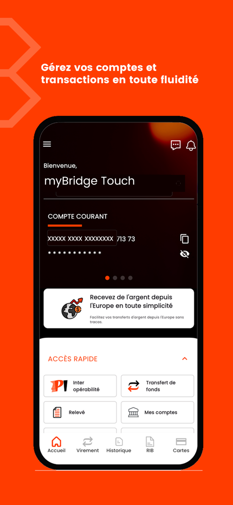 myBridge Touch - Interfaz de usuario de la aplicación bancaria myBridge Touch que muestra la administración de cuentas y funciones financieras de acceso rápido