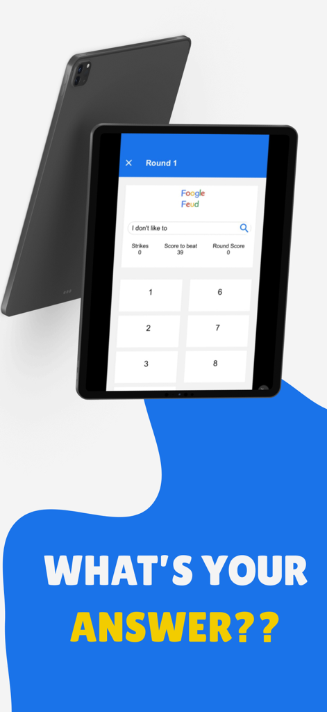 Foogle Feud: Guess & Win - Screenshot of Foogle Feud app showing a round where players guess autocomplete search results on a tablet.