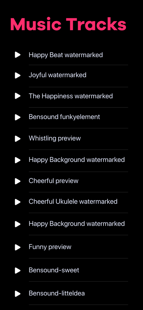 Video Editor: Make Music Video - A screen displaying a list of available music tracks with play buttons in the Video Editor app