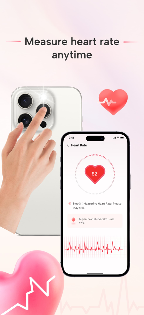 Health Mate Pro - Heart Rate - Una persona midiendo su ritmo cardíaco colocando un dedo sobre el lente de la cámara de un iPhone usando la aplicación Health Mate Pro