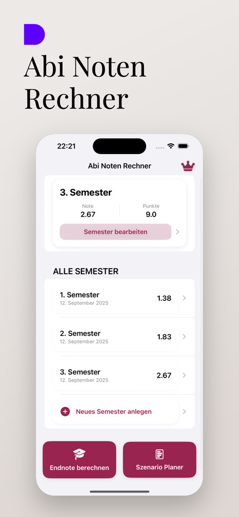 Abi Noten Rechner - Dashboard der Abi Noten Rechner App, das akademische Noten und Semesterzusammenfassungen anzeigt