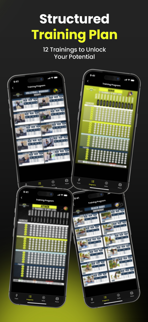VolleyTrain app interface showing structured volleyball training plans and workout modules