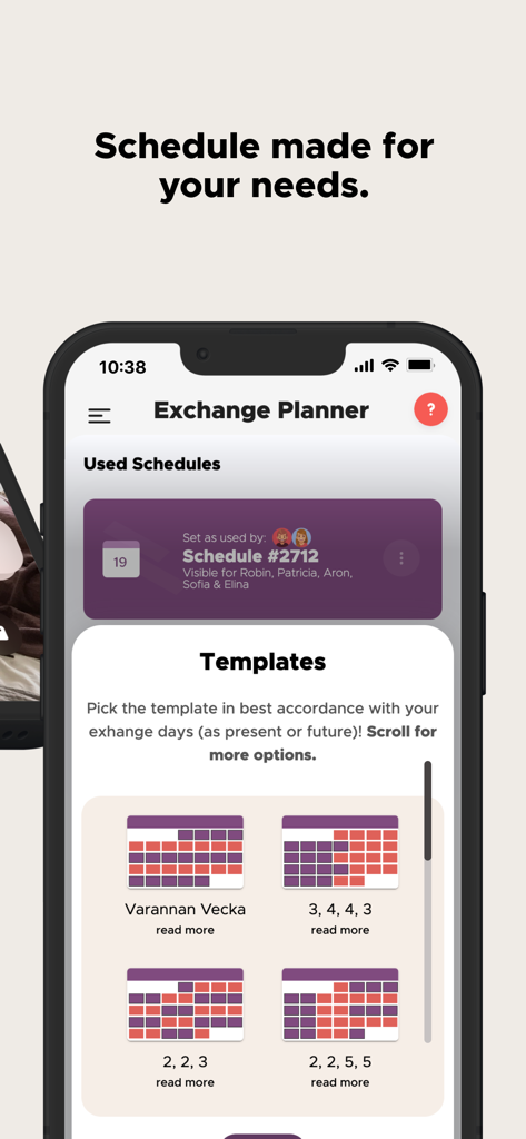 Co-parenting - Un écran de téléphone portable montrant le planificateur d'échanges dans l'application de coparentalité avec plusieurs modèles d'horaires de garde comme 2-2-3 et 3-4-4-3.