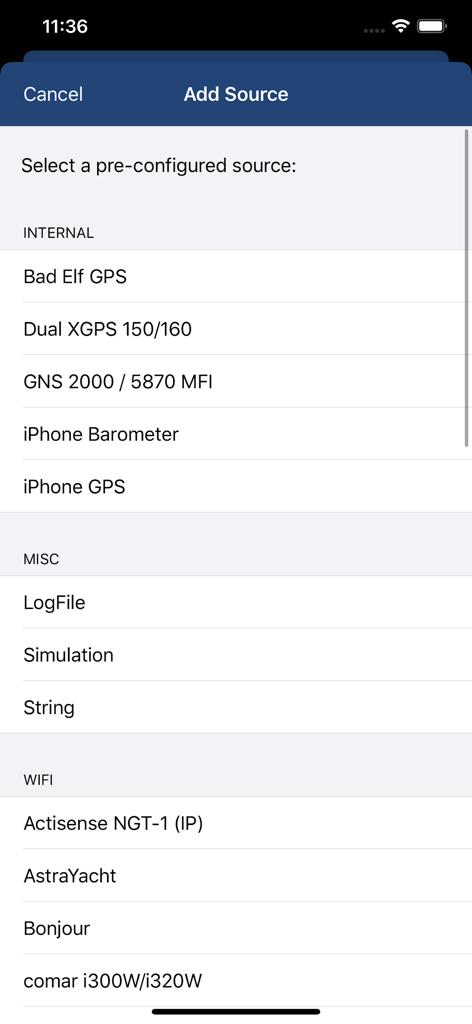 NMEAconnect - L'écran de l'application NMEAconnect affiche un menu permettant de sélectionner les sources de données marines préconfigurées, notamment les appareils GPS et Wi-Fi.