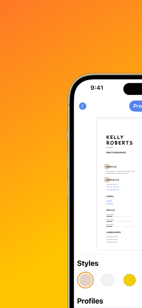 カスタマイズスタイルでプロフェッショナルな履歴書テンプレートを表示するモバイルアプリインターフェース