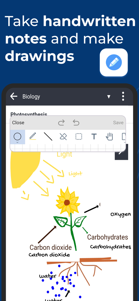 Joplin - 光合成の描画と描画ツールを示すJoplinモバイルアプリのインターフェース