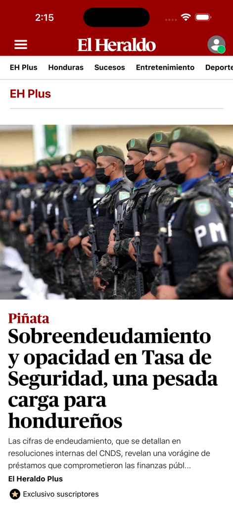 Diario El Heraldo Honduras - Diario El Heraldo Honduras app displaying a headline about security and debt in Honduras