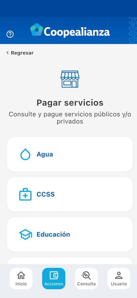 Coopealianza Sinpe Móvil - Coopealianza Sinpe Movil screen for paying utility bills and social security