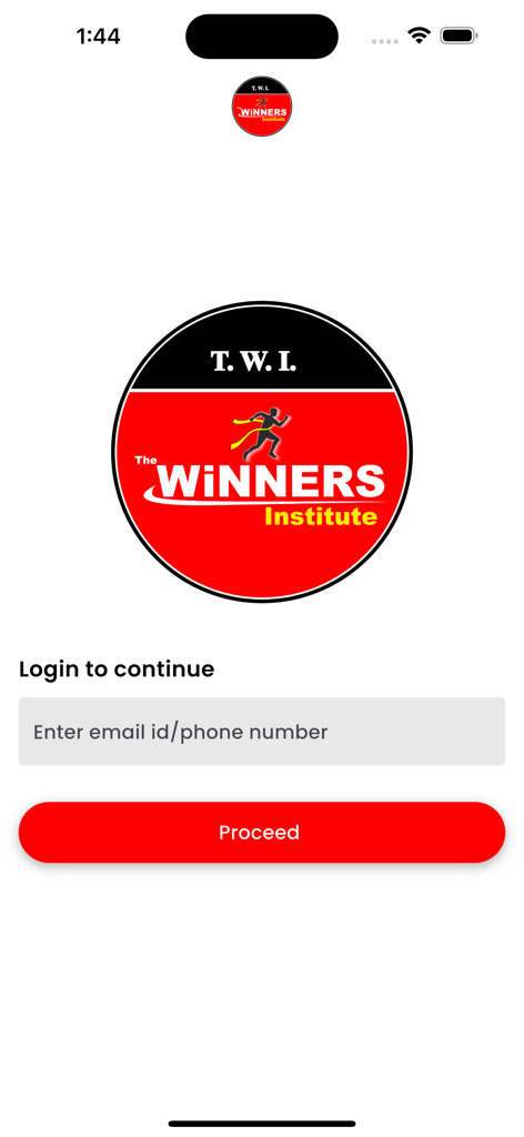Login screen of the Winners Institute app with logo and proceed button