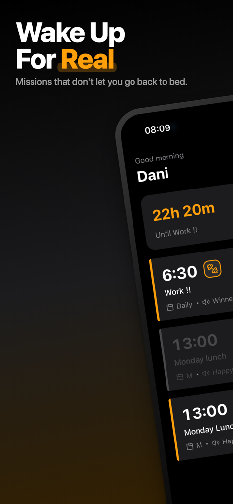 WakeNow: Loud Alarm Clock - WakeNow app interface showing a list of scheduled alarms with mission icons and a countdown timer