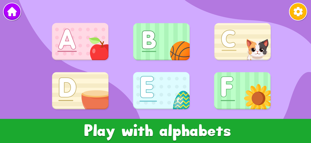 ABC Tracing & Phonics for Kids - Educational screen displaying interactive alphabet cards for letters A through F with corresponding object illustrations