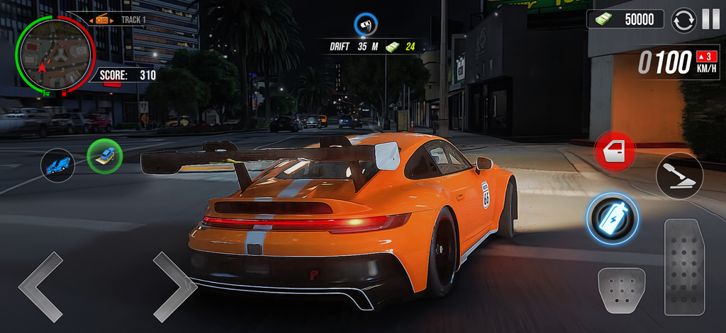 Car Drifting Night Driving - Gameplay of an orange sports car drifting through a city street at night with a digital dashboard