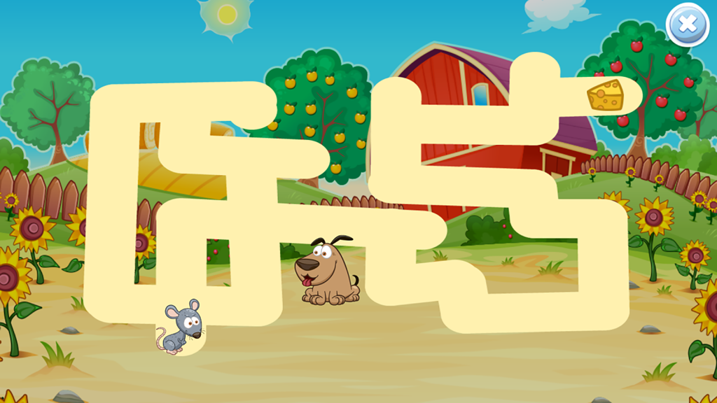 Mazes for Kids: Cool Spy Mouse - Un sencillo rompecabezas de laberinto para niños con un ratón buscando queso en una granja colorida.