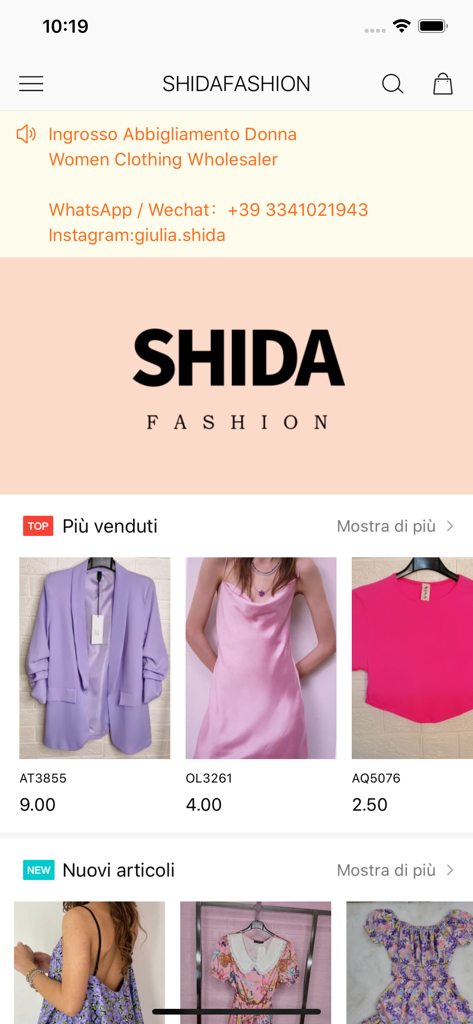 SHIDA FASHION - SHIDA FASHION mobile app home screen featuring wholesale women's clothing trends and prices.