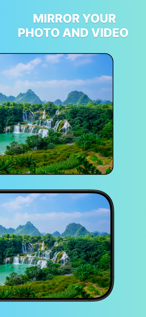 Screen Mirroring TV Cast+ - Smartphone screen showing a scenic waterfall landscape with text saying mirror your photo and video